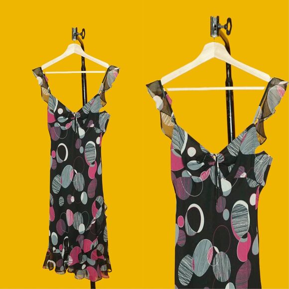 1990s-Y2K MICA Dot Print Adjustable Bust ASYMMETRICALDress W/Flutter Sleeves S-M - Picture 1 of 9